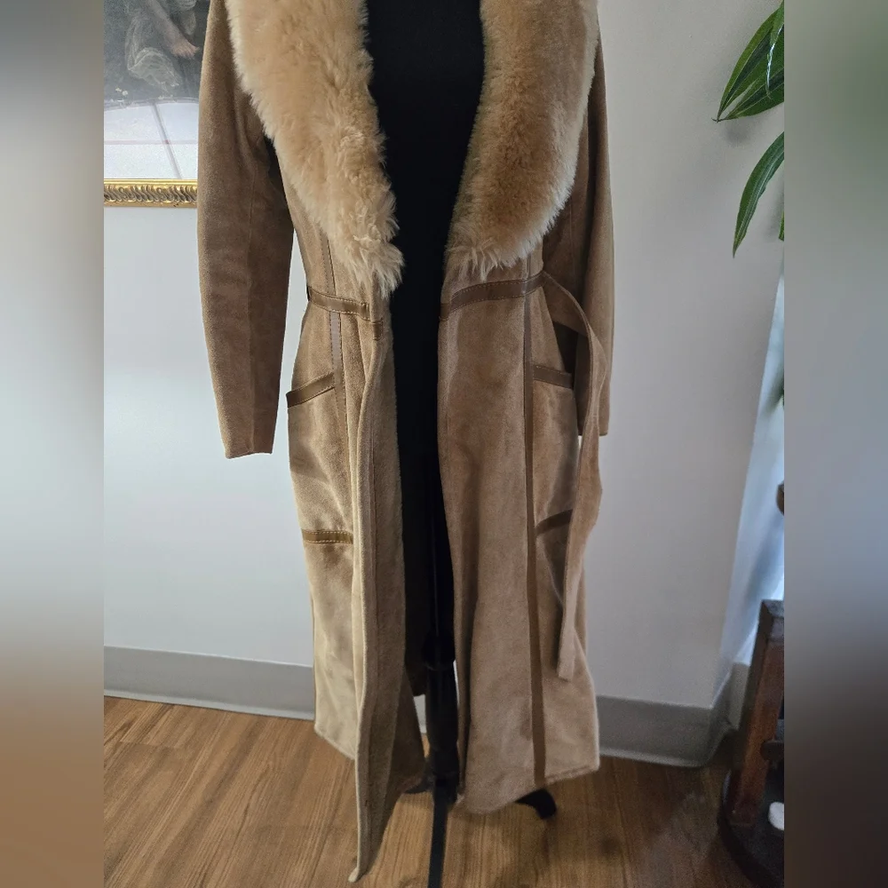 Long Vintage Suede Jacket Faux Fur Collar - Picture 4 of 16